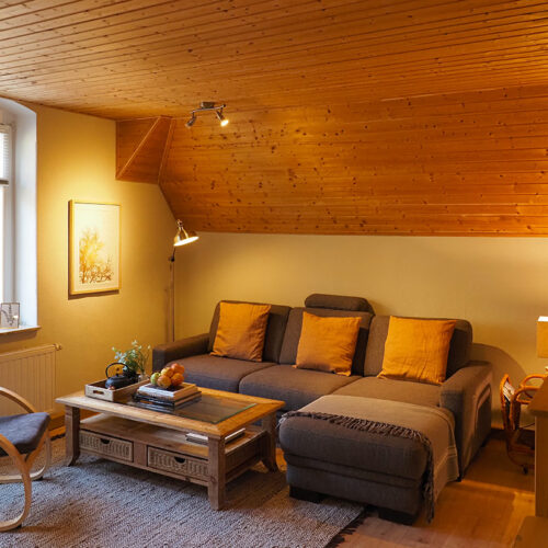 Wohnzimmer mit Esstisch und Balkon