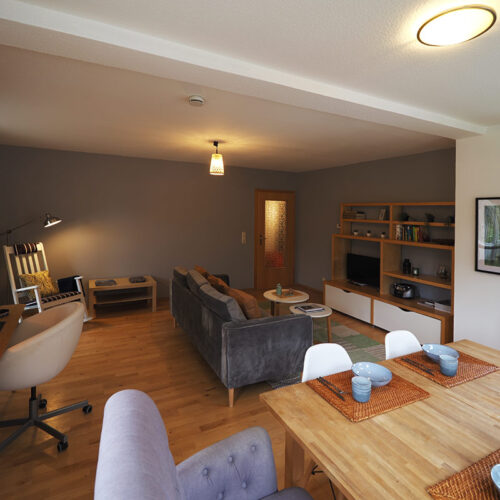 Wohnzimmer mit Esstisch und Zugang zur Terrasse - Wohnung Schandau